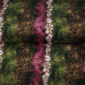 Stenzo tricot katoen stof, digitale mozaïekprint, mosgroen/fuchsia/roze/bruin. D0469