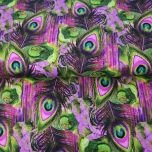 Stenzo tricot katoen stof, pauwveer print, groen/paars. X1344