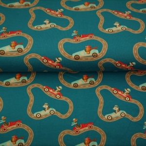 Stenzo tricot katoen stof, digitale racebaan print met diertjes, petrol/grijs/rood. D0462