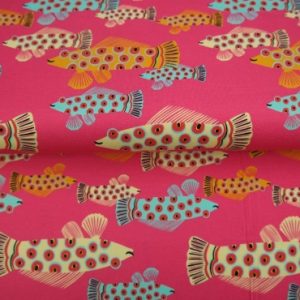 Stenzo tricot katoen stof, tropische vissenprint, fuchsia/geel. Y354