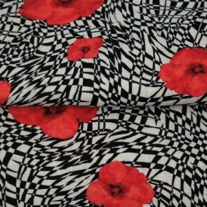Stenzo viscose linnen stof, grafische print met klaprozen, zwart/wit/rood. X468