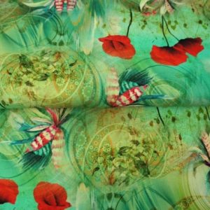 Stenzo katoen voile stof, paisley klaprozenprint, mint/rood. Y508