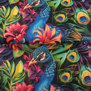 Stenzo katoen voile stof, pauwenveren en bloemenprint, blauw/groen/paars/oranje. Y510