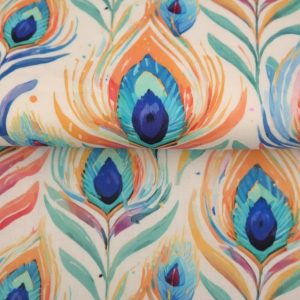 Stenzo viscose stof, pauwenveren fantasieprint, creme/blauw/oranje/rood/paars. Y507