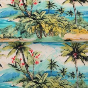 Stenzo katoen voile stof, strand met palmbomenprint, blauw/groen/rood. Y506