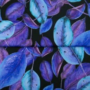 Stenzo viscose tricot stof, digitale bladprint, paars/blauw. P106