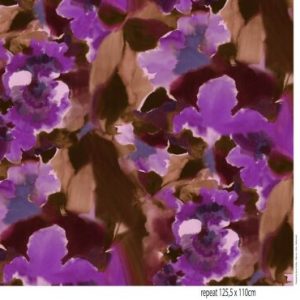 Stenzo viscose tricot stof, gevlamde print, cerise/roze/paars/bruin. Y1087