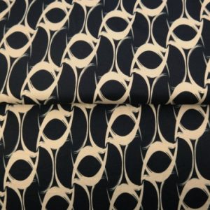 Stenzo viscose tricot stof, grafische print, beige/zwart. Y1089