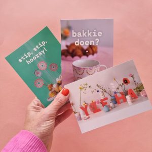 NIEUW: set van 3 fotokaarten: Yieha, Hoera en Bakkie doen