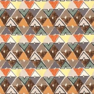 Stretch katoen satijn stof, abstracte driehoekjes, offwhite/oranje/groen/geel. C442