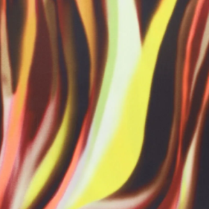 Stretch satijn stof, abstracte streep, groen/oranje/bruin. C948