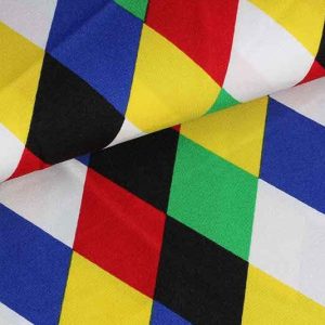 Terlenka stof, harlekijn print, geel/rood/wit/zwart/groen. F9020-03