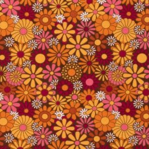 Texture stof, flower power print, oranje/bruin/roze. FNT07