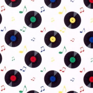 Texture stof, lp’s en muzieknoten, wit/zwart/rood/groen/blauw/geel. FNT13