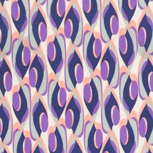 Travel stof, retroprint, blauw/paars/zalm. X1354