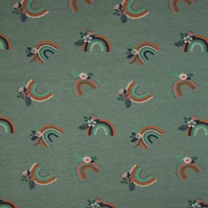 Tricot katoen stof, regenboogprint, dusty mint/roze/mint/oranje. W0402