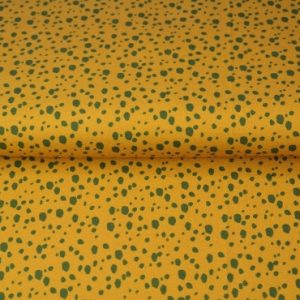 Stenzo tricot katoen stof, stipprint, mosterd geel/legergroen. Z0177