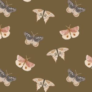 Tricot katoen stof, vlinders, khaki/zalm/grijs. A0058