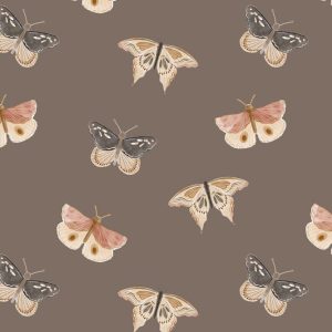 Tricot katoen stof, vlinders, taupe/zalm/grijs. A0060