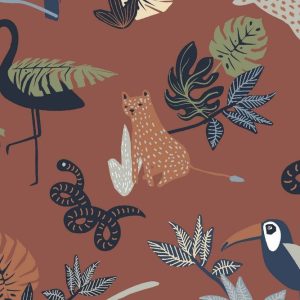 Tricot katoen stof, safaridieren, steenrood/blauw/groen. A0062