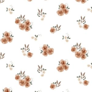 Tricot katoen stof, aquarel bloemen, wit/roest/zand/groen. A0066