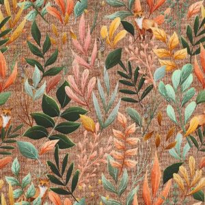 Tricot katoen stof, breisel met bladeren en dieren, bruin/groen/roze/oker. A0265
