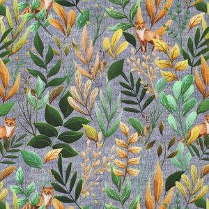 Tricot katoen stof, breisel met bladeren en dieren, blauw/groen/bruin. A0266