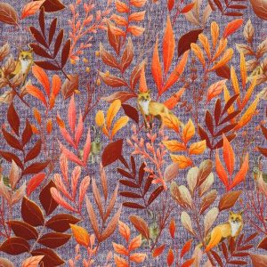 Tricot katoen stof, breisel met bladeren en dieren, paars/roest/zalm. A0267