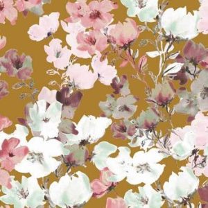 Tricot katoen stof, bloesemprint, okergeel/roze/mint/wit. Q5128