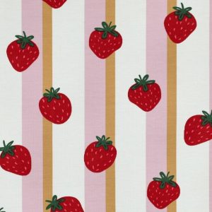 Tricot katoen stof, aardbeien streep motief, offwhite/roze/rood/bruin. P503