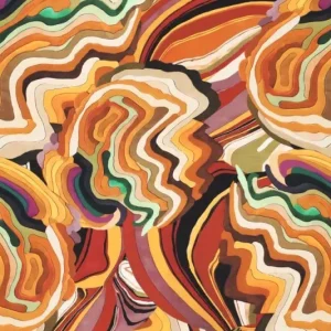 Tricot katoen stof, abstracte golvenprint, geel/groen/zand/paars. P241