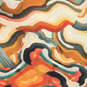 Tricot katoen stof, abstracte golvenprint, geel/crème/rood/petrol. P240