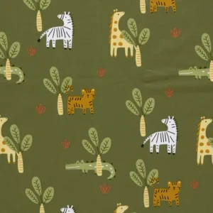 Tricot katoen stof, baby dierenprint, groen/oranje/geel. P470