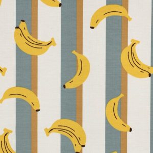 Tricot katoen stof, bananen streep motief, offwhite/blauw/geel. P504