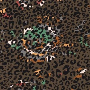 Tricot katoen stof, dierenprint, bruin/zwart/groen. A0956