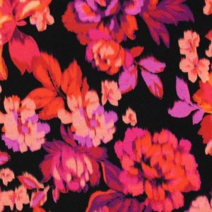 Tricot katoen stof, digitale bloemenprint, zwart/fuchsia/paars/rood. X953