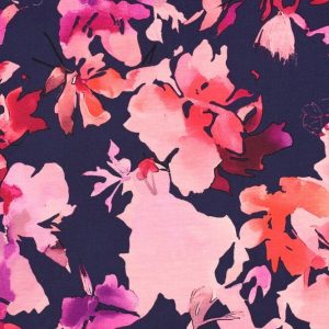 Tricot katoen stof, digitale bloemenprint, donkerblauw/fuchsia/paars, by Poppy. Y684