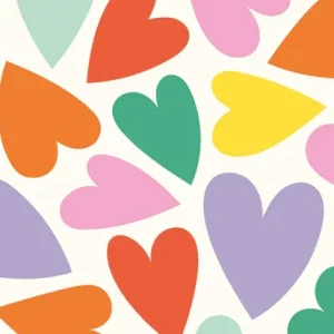 Tricot katoen stof, digitale hartjesprint, wit/roze/lila/geel/groen/rood. Y286