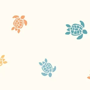 Tricot katoen stof, digitale schildpadjesprint, offwhite/oranje/zeeblauw. Y287