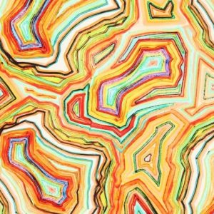 Tricot katoen stof, gekleurd lijnenspel, geel/groen/oranje. D0616