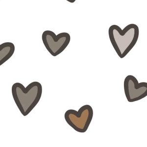 Tricot katoen stof, hartprint, wit/grijs/zand/bruin. X637