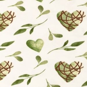 Tricot katoen stof, digitale print, hartjes met takken, offwhite/groen. A0843