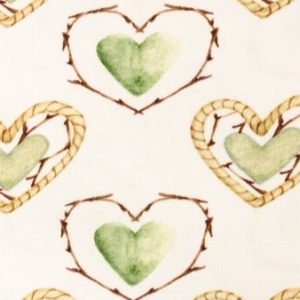 Tricot katoen stof, digitale print, hartjes met lijst, offwhite/groen. A0845