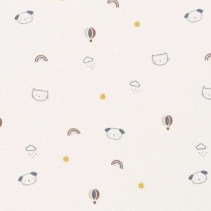 Tricot katoen stof, hondjes/poesjes/regenboogjes, offwhite/blauw/roest/groen. C582