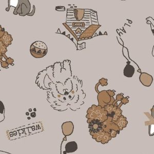 Tricot katoen stof, hondenprint, beige/zand/bruin. X644