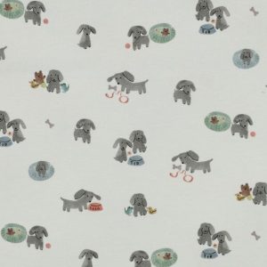 Tricot katoen stof, hondenprint, offwhite/grijs/groen/blauw. P505