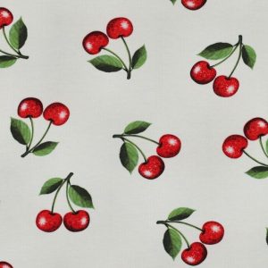 Tricot katoen stof, kersenprint, offwhite/rood/groen. P506