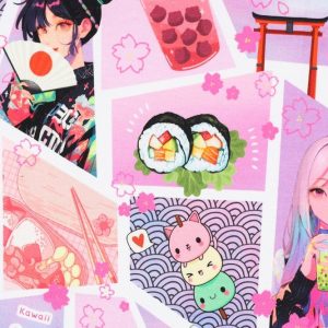 Tricot katoen stof, manga meisjesprint, lila/roze/wit. X964