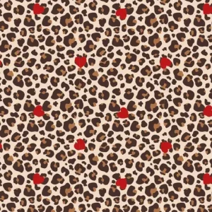 Tricot katoen stof, panterprint met hartjes, bruin/zand/rood. P418