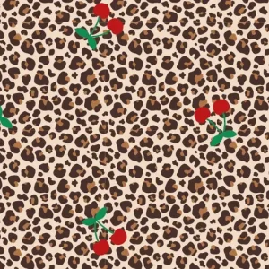 Tricot katoen stof, panterprint met kersen, bruin/zand/groen/rood. P417